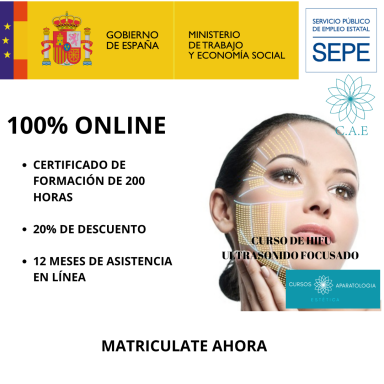 Mujer sonriente promociona curso online con descuentos y asistencia durante 12 meses.