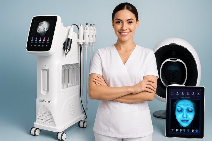 Profesional de estética con equipo facial tecnológico en un entorno limpio y moderno.