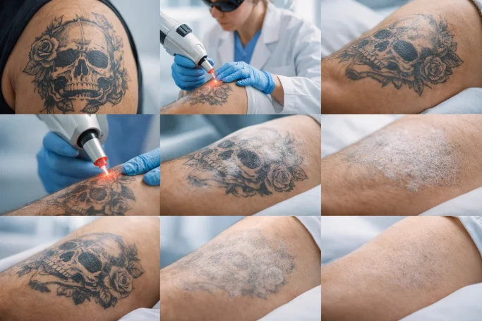 Proceso de eliminación de un tatuaje en el brazo con láser, mostrando varias etapas.