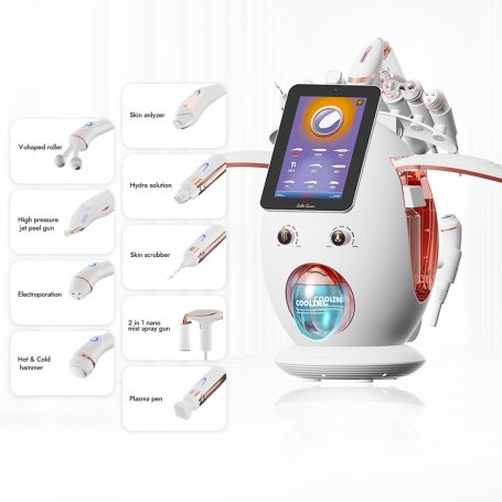 Máquina de estética con varias herramientas y pantalla digital para tratamientos faciales.