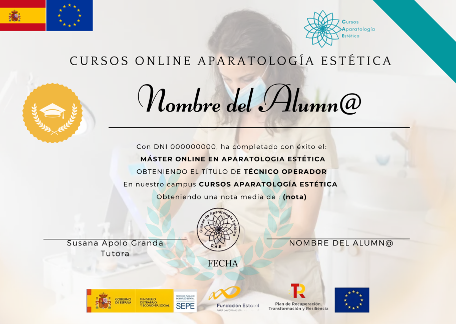 Certificado de curso online en aparatología estética con logotipos y firma.