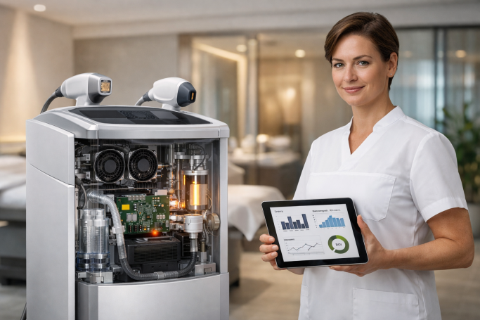 Profesional de estética muestra una tablet junto a un dispositivo de tratamiento facial.