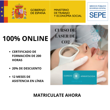 Curso online de láser de piel: 200 horas, 20% de descuento y 12 meses de asistencia.