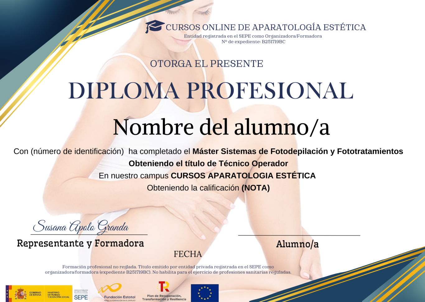 Certificado de curso online en aparatología estética con logotipos y firma.