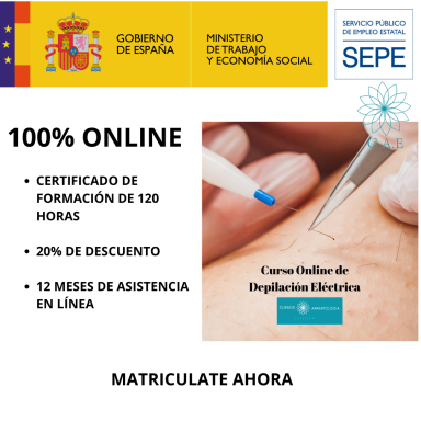 Curso online de depilación eléctrica, 120 horas, 20% de descuento, 12 meses de asistencia.