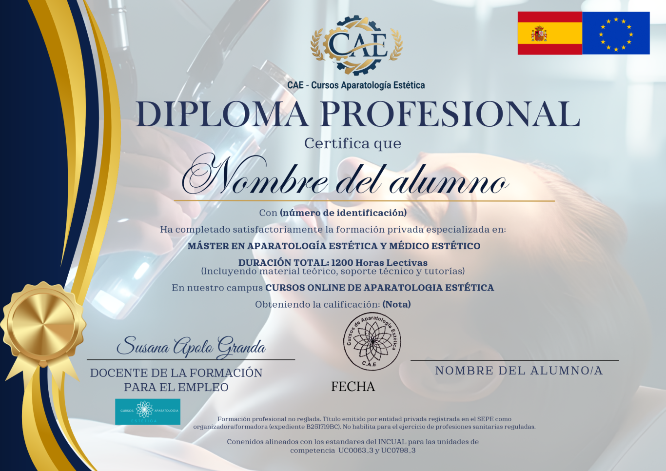 Certificado de curso online en aparatología estética con logotipos y firma.