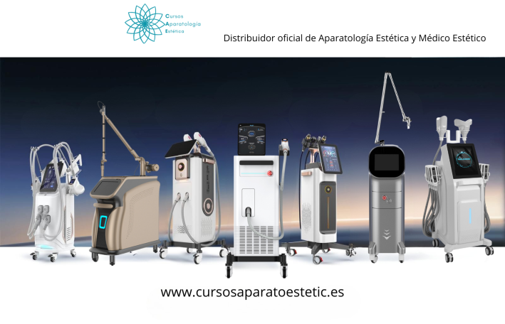 Equipos de tecnología médica para tratamientos estéticos en un fondo neutro.