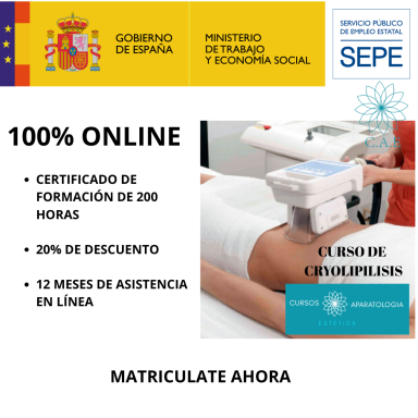 Certificado de formación online sobre criolipólisis con descuento y asistencia durante 12 meses.