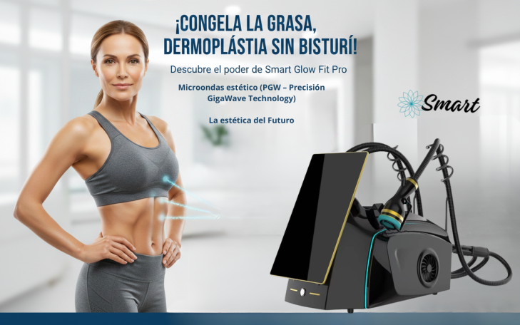 Mujer sonriente mostrando su abdomen con un dispositivo para eliminar grasa.