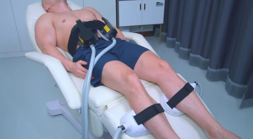 Hombre reclinado en una camilla con dispositivos en las piernas y cinturón en el torso.