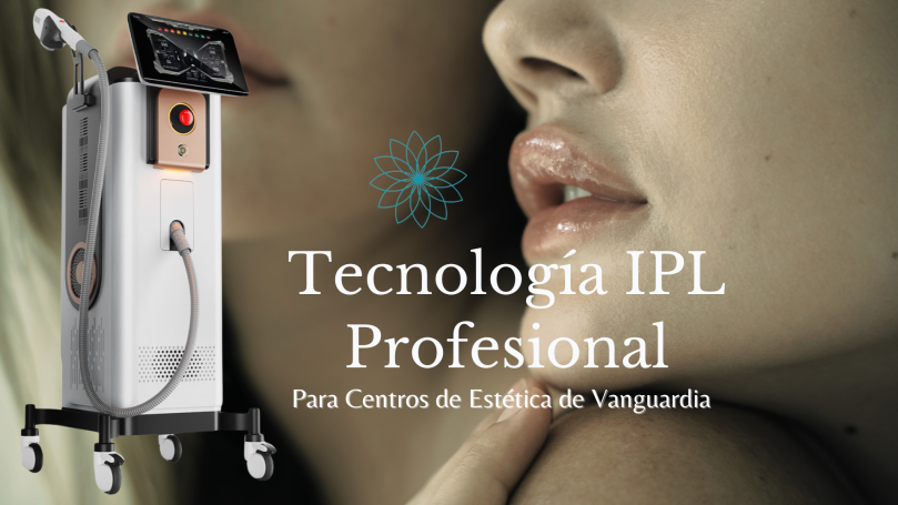 Dispositivo IPL profesional junto a un rostro femenino. Texto sobre tecnología de tratamiento.
