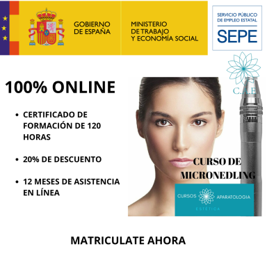 Publicidad sobre un curso de microblading online con descuento y asistencia en línea.