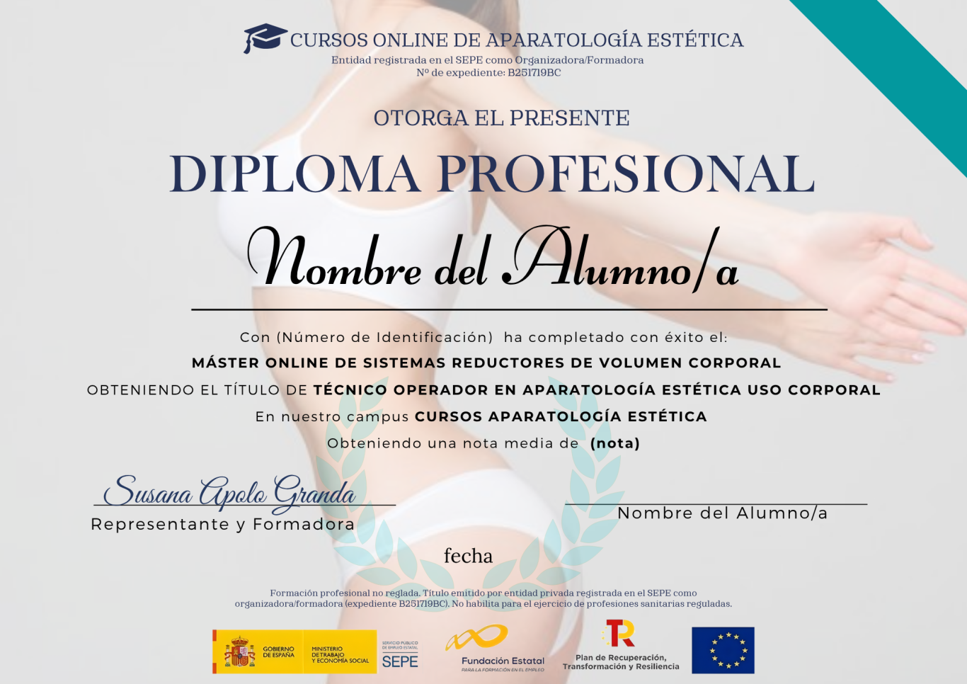 Certificado de curso online en aparatología estética con logotipos y firma.