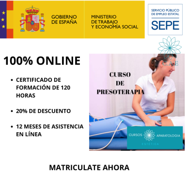 Curso online de presoterapia, 120 horas, 20% descuento, matrícula abierta, asistencia 12 meses.