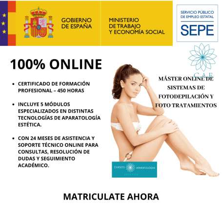Mujer con fondo de texto sobre curso online de estética y tratamientos.
