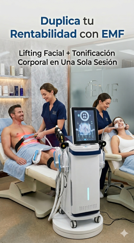 Título de promoción sobre tratamientos estéticos, mostrando equipos y personal en acción.