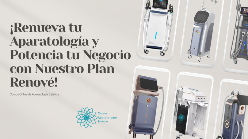 Aparatos de estética con texto promocional sobre renovación y oportunidades de negocio.