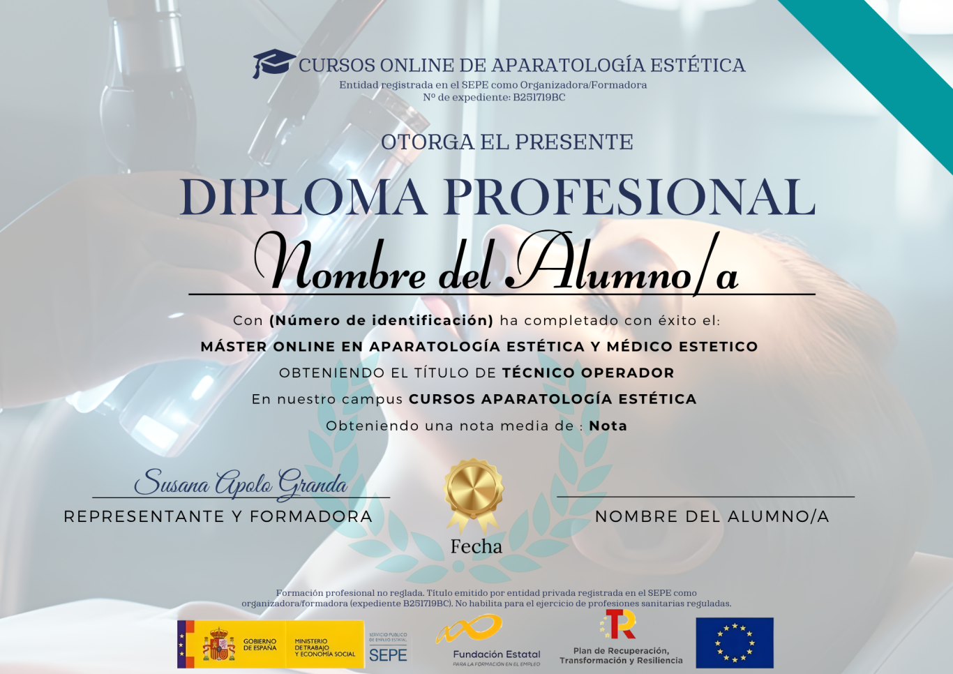 Certificado de curso online en aparatología estética con logotipos y firma.