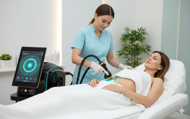 Mujer recibiendo tratamiento estético en una clínica mientras es atendida por una especialista.