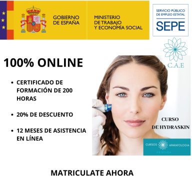 Mujer con rostro sonriente promociona curso online de formación con descuento y certificado.