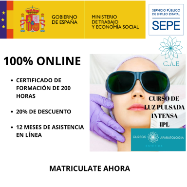 Curso online de luz pulsada intensa IPL, con 200 horas de formación y 20% de descuento.