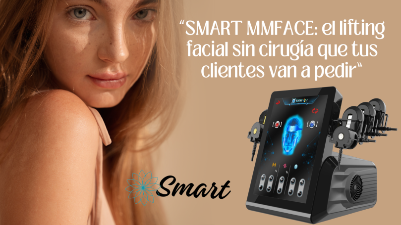 Mujer con piel radiante junto a un dispositivo para tratamientos faciales.
