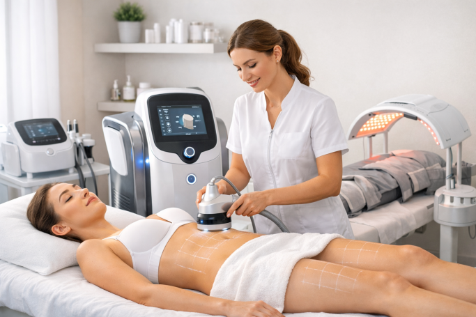 Mujer recibiendo tratamiento estético en un centro de belleza, bajo la supervisión de una profesional.