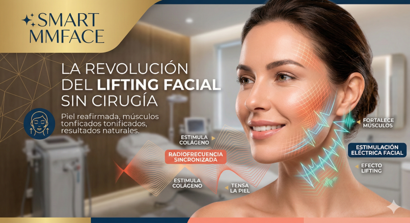 Mujer sonriente con información sobre lifting facial sin cirugía.