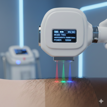Dispositivo láser aplicando tratamiento sobre piel con múltiples luces de colores.