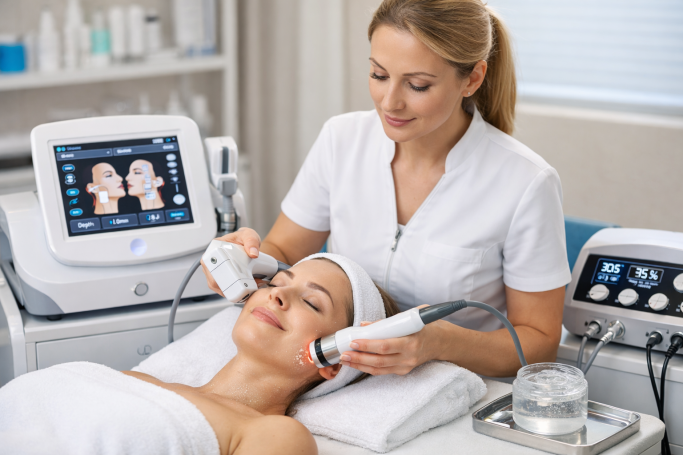 Una esteticista realiza un tratamiento facial a una clienta en un entorno profesional.