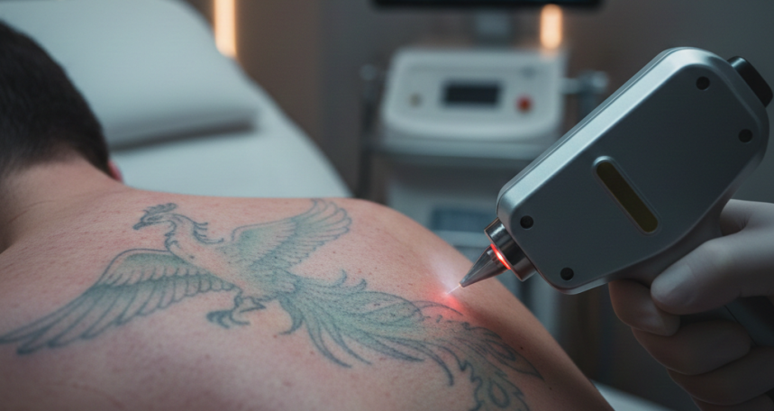Terapia láser aplicada a un tatuaje en la espalda de una persona.