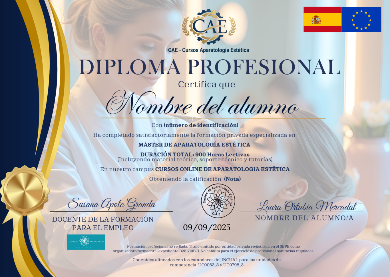 Certificado de curso online en aparatología estética con logotipos y firma.