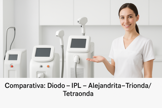 Mujer sonriente presenta equipos de depilación láser en un ambiente clínico.