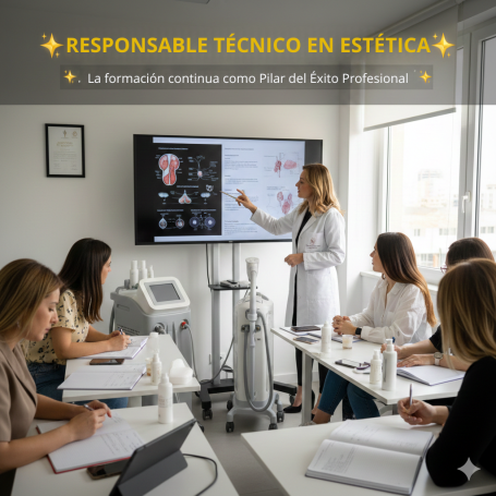 Mujer presenta en pantalla mientras un grupo escucha en un aula estética.