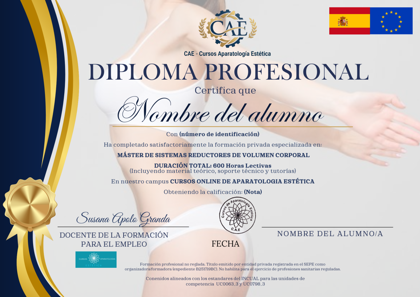 Certificado de curso online en aparatología estética con logotipos y firma.