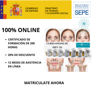 Anuncio de curso online con descuento, duración de 200 horas y 12 meses de asistencia.